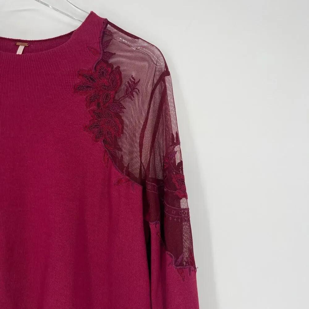 Free People Top Womens S Daniella Red Ribbed Mesh Floral‎ Shoulder Embroidered